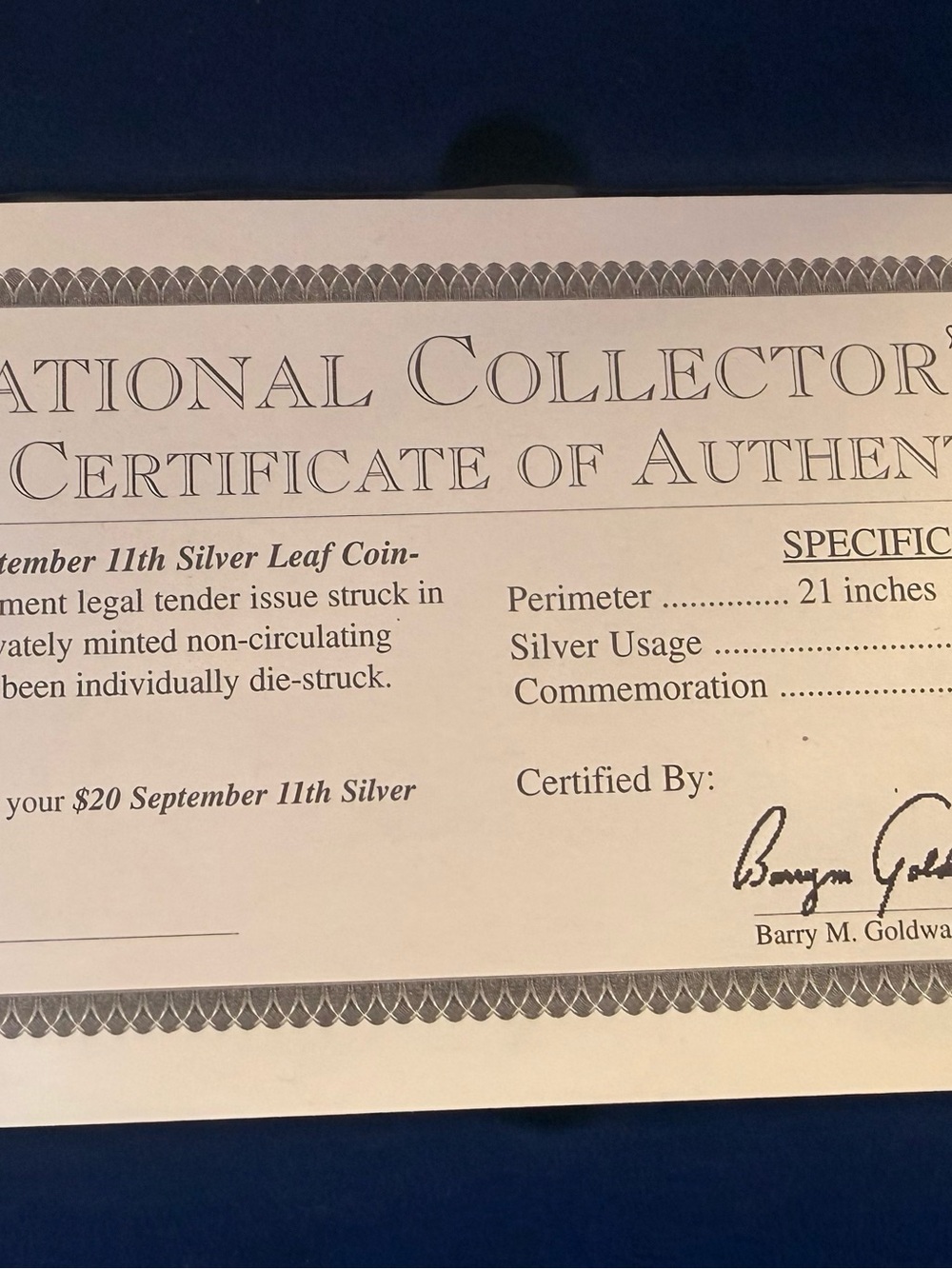 Franklin Mint Cream and Blue Collectible Certificate
